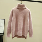 winter loose 2019 new high-neck imitation mink velvet split fork thick knitted base sweater women's