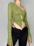 Irregular Off Shoulder Sexy Crop Top T Shirt Women Solid Hollow Out Long Sleeve Basic T-shirt Ladies Korean