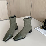One-Footed 2025 New Velvet Splicing Elastic Skinny Short Boots With Square Head And Then Zipper Short