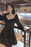 Sleeve Dress Women Square-collar Bow Elegant Backless Mini A-line Velvet-fabric Fashion Retro Womens Vestidos Chic