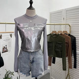 Sexy Micro-Permeable Mesh Splicing Pu Skin Bottom Shirt Women Autumn And Winter Body Repair Short Long-Sleeved T-Shirt Top