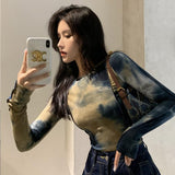 Sexy Harajuku Slim T Shirt Women Tie Dye Print Long Sleeve Tops Korean Style Tshirts Vintage Streetwear Skinny Tee