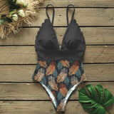 In The Forest One-piece Swimsuit Women Deep V neck Back Cutout Ruffle Monokini 2021 Summer Bathing Suit Swimwear