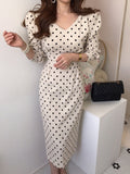Style Spring Autumn Women Casual Polka Dot Print A-Line Party Corduroy Dresses Eleagnt Lace-Up Slim Fashion