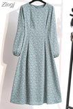 Winter Women Dress 2023 Vintage Lantern Sleeve Floral Print Chiffon Long Dress Casual A-line Elegant Party Vestidos