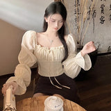 Women Puff Sleeve Square Collar Blouses Fashion Elegant French Romantic Floral New White Chiffon