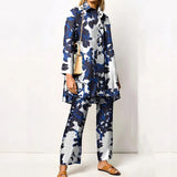 Turn Down Collar Blouse + Wide Leg Pants Outfits Women Autumn Long Sleeve Tee Suit Elegant Floral Printed Two Piece