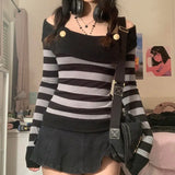 Pastel Goth Y2K Striped Print Off Shoulder Long Sleeve Tops E-girl Cute Streetwear Buttons Slash Neck Black T-shirts