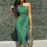 Neck Ruched Irregular Lacing Solid Satin Robe Dress Sexy Sleeveless Slit Midi Dresses Evening Party Vestidos Women