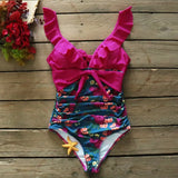 Sexy One Piece Swimsuit Female Swimwear Women Print Floral Bandage Shoulder Ruffle Brazilian Backless