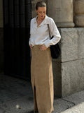Sued Brown Maxi Skirt- Outfit