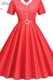 Women Summer Dress Print Plaid Robe Retro Swing Casual Elegant Vintage 50s Rockabilly Dress Party Dresses with Belt