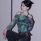 2024 Autumn New Mesh Printing Shoulder Cover Long-Sleeved Casual Women's