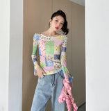 Color Block Boat Neck Long Sleeve Tees Flare Sleeve Top Korean Fashion Kawaii T Shirt Women Designer Aesthetic
