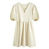 Summer Dress Woman Vintage Puff Sleeve A Line Dresses V-Neck High Waist Mini Dress Green Sexy Grain Dress