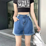 Shorts Jeans Blue Gradient Flanging High Waist Adjustable Vintage Casual Baggy Straight Denim Hot Pants Ladies