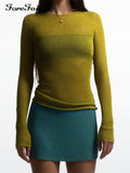 Knitted Casual Green Women Long Sleeve Summer Y2K T Shirt Tops See Through Sexy Party Outfits Basic Beach Tees Crop