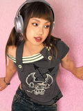 Shoulder Sexy Vintage Print Tee Shirts Summer Y2k Aesthetic Button Tshirts Women Slim Harajuku Streetwear Grunge Cropped