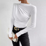 Solid Color Trim Bottom Shirt Folding Design Long-Sleeved T-Shirt Lady