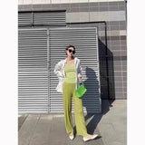 Folded Casual Trousers Women Simple And Comfortable Elastic High-Waist Straight Trousers Solid Color Wrinkles