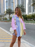 All-Match Patchwork Striped Color-Block Women Long Shirt 2021 Spring Summer New Elegant Pocket Lapel Collar Casual