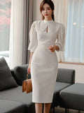 Professional Lantern Sleeve Ass Dress Women's Clothing Beauty Temperament Long-Term Collar Hollow