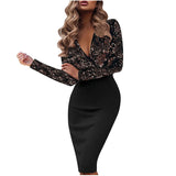 V Neck Dress Women Long Sleeve Print Skinny Wrap Bodycon Party Dress Spring Autumn Sexy Slim Office Ladies Dresses