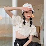 Jacquard Vintage Summer Elegant Blouse Women Blue Puff Sleeve Crop Top Ladies Short Sleeve Blouse Cheongsam