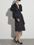 Sister Wind 2025 Autumn New Advanced Sense Fold Splicing Bubble Sleeve Closed Waist Long Solid Color Coat