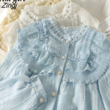 Pearl Blouse Women Spring Summer Elegant Design Ruffles Lace Shirt Female Korean Style Sweet O-Neck Long Puff Sleeve