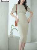 Office Lady Work Wear Elegant Fashion Midi Dress Women Solid Formal Slim Bodycon Korean Style One Piece Clothes