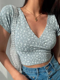 Crop Top T-shirt Y2K Vintage Bloemen Vrouwen Cropped Slim Korte Mouw V-hals Sexy Zomer Tee Shirt Koreaanse 2022