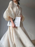 Vintage Embroidery Midi Dresses for Women 2023 Elegant Evening Party V-Neck Lantern Sleeve Loose Casual Female