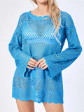 Women Bikini Cover Ups Knitted Crochet Cutout Long Sleeve Mini Dress for Beach Swimsuit Bathing Suit Summer