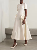 A-Word Long Dress 2025 Spring New Fashion Temperament Round-Neck Waist Thin Flowers Splicing Design Design Dress Dress