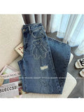 Bear Print Straight Loose Jeans Women Retro High Street Oversize Casual Denim Trousers Harajuku High Waist Jean