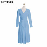 Elegant V-neck Thick Warm Women Knitted Pleated Dress Long Sleeve Belted Sashes Ladies Sweater Dress 2020 Autumn
