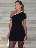 Black Contrast Seam One-Shoulder Short Sleeve Mini Dress-Outfit