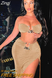 Velvet Sexy Strapless Crop Tube Top High Waist Slit Maxi Dress 2 Pcs Suits 2023 Summer Women Fashion Streetwear