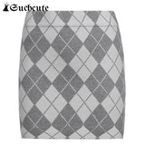 SUCHCUTE Preppy Style Plaid Printed Women Dress Sets Knitted Sleeveless Top With Skirst Casual Kawaii Streetwear Outfits