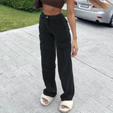 Casual Brown Jeans Woman High Waisted Cargo Pants Women Pocket Fashion Straight Long Trousers Ladies