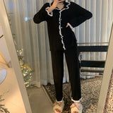 Ruffles Patchwork Pajama Sets Long Sleeve Tops Full Length Pants Slim Gentle Sleepwear Cozy Fashion Lounge Females
