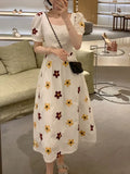Vintage Embroidery Sun Floral Midi Dress Women Elegant Puff Sleeve O Neck Clothes