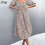 Leopard Print Dress Women Summer Dress 2022 New Vintage Square Neck Short Puff Sleeves Large Hem Chic Midi A-line