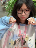 Kawaii Cute Star Cat Print O Neck Hoodies Spring Patchwork Women Long Sleeve Tops Japanese Sweet Contrast Color
