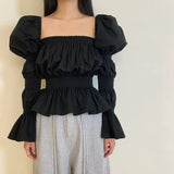 Backless Puff Sleeve Ruched Peplum Top And Blouse Women Square Neck Long Sleeve Designer Fashion Top Fall 2021