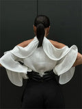 White High Neck Ruffled Cut Out Shirt- Outfit
