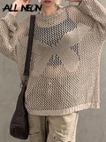 Goblincore Aesthetics 90s Butterfly Print Oversized Knitted Pullovers Y2k Indie Vintage O-neck Long Sleeve Crochet