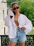 Ruffles Tie Up Blouse Shirts Women V Neck White 2022 Summer Elegant Long Sleeve Top Shirt Casual Sexy Fashion