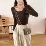 Girls' Short U-Collar Bottomed Shirt Women's Early Autumn New Long-Sleeved T-Shirt With A Shoulder Blouse Inside The